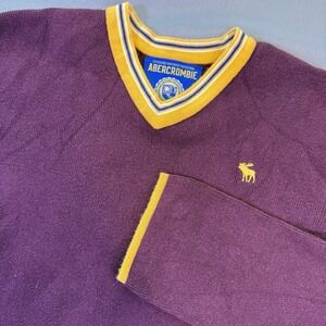 Vintage Y2K Abercrombie & Fitch Burgundy  Varsity V-Neck Pullover‎ Sweater Sz L